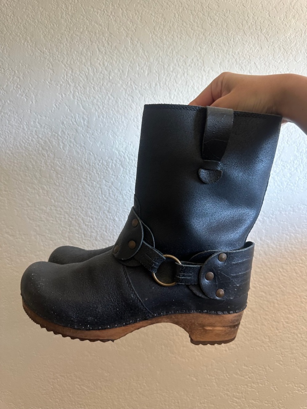 Sanita Black Leather Clog Boots with Wooden Sole